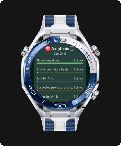 Smartwatch HUAWEI w srebrno-niebieskiej kopercie prezentujący ekran monitorowania arytmii