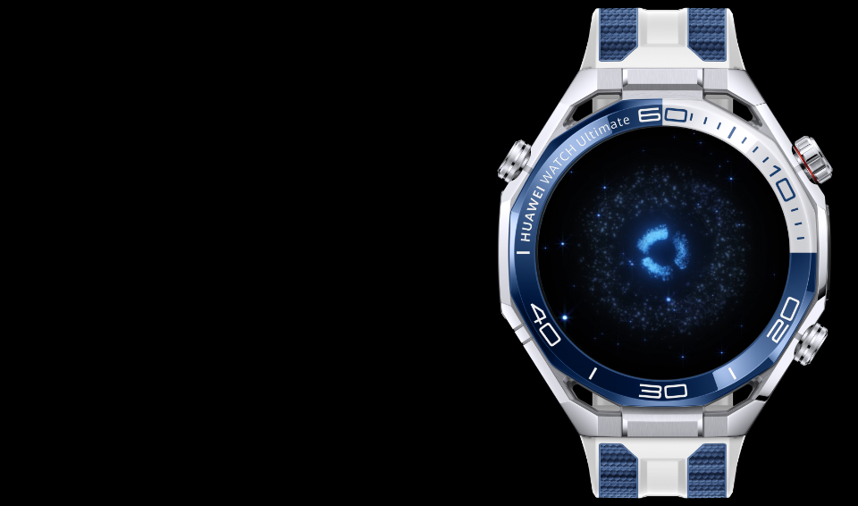 Smartwatch HUAWEI w srebrno-niebieskiej kopercie, wyświetlający ekran z animacją kosmicznego motywu w kolorze niebieskim, obok informacje o czasie pracy baterii.