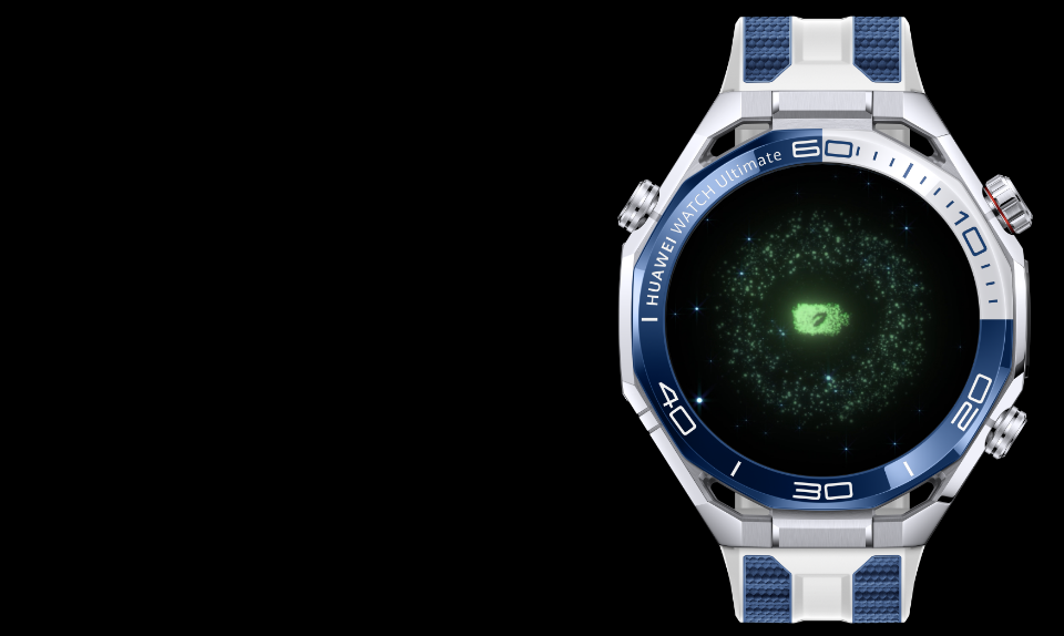 Smartwatch HUAWEI w srebrno-niebieskiej kopercie, wyświetlający ekran z animacją kosmicznego motywu w kolorze zielonym