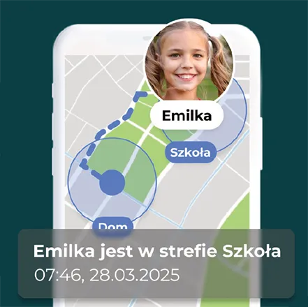 wyświetlacz telefonu z aplikacją do lokalizacji i informacją, że dziecko jest w strefie szkoły