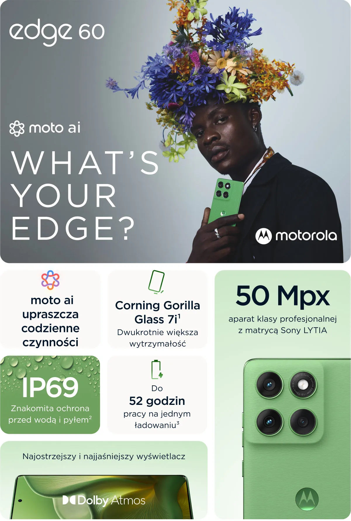 motorola edge 60 z moto ai. Podstawowe cechy: Corning Gorilla Glass 7i, IP69, aparat 50Mpix, do 52 godzinpracy na jednym ładowaniu.