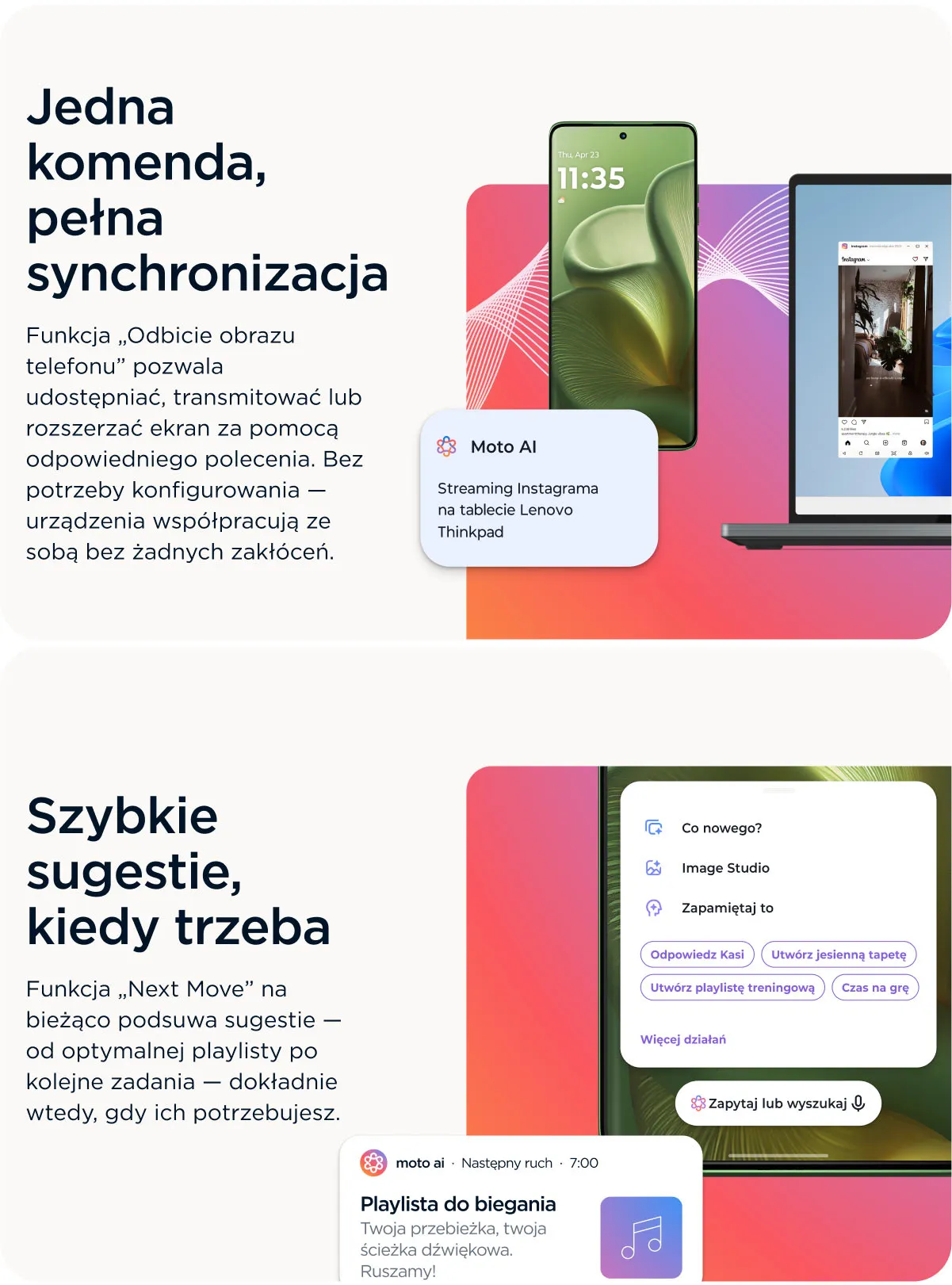 Funkcje Odbicie obrazu telefonu oraz Next Move