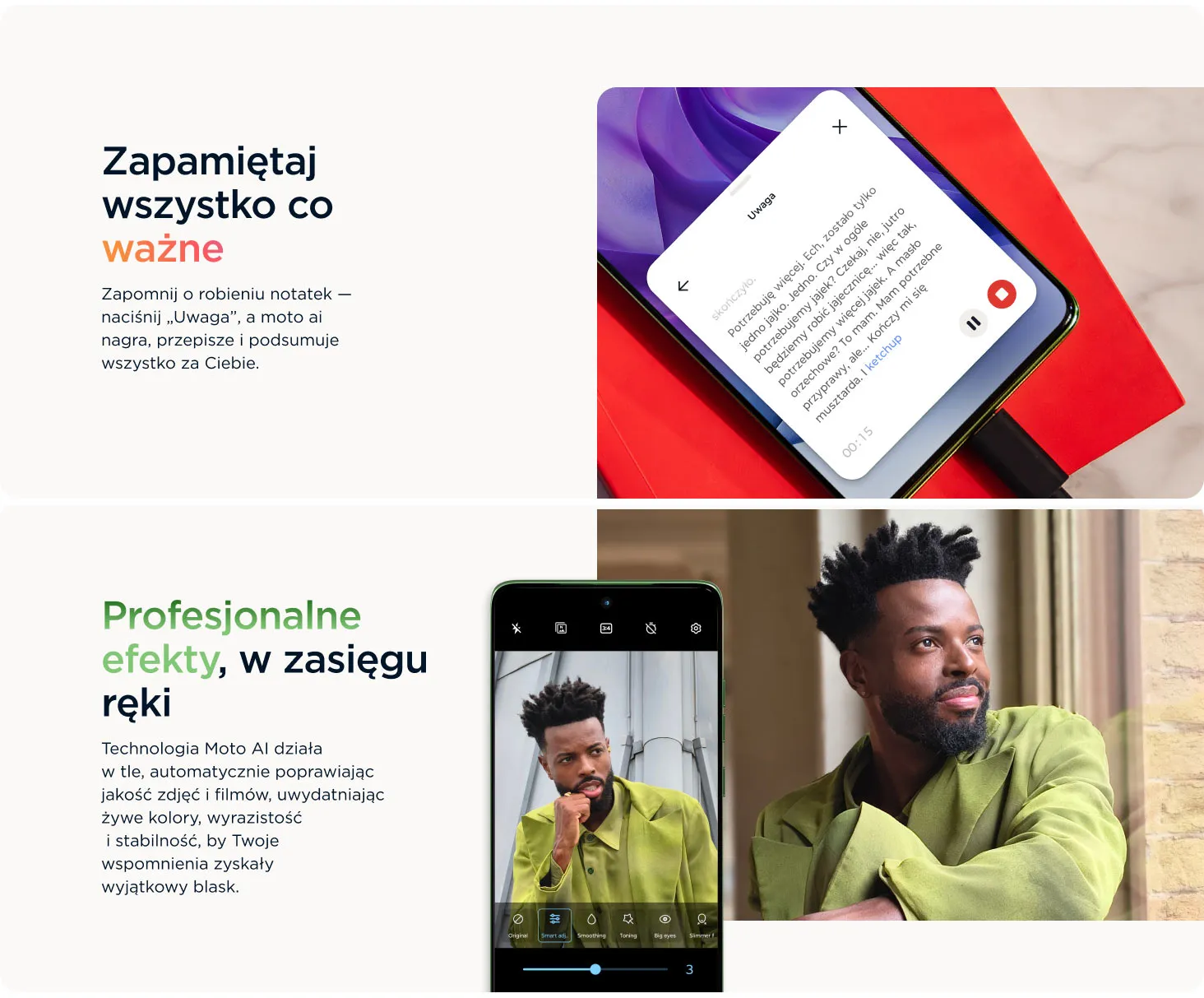 Nagrywanie i przepisywanie notatek. Profesjonalne efekty  moto ai poprawi Twoje zdjęcia i filmy