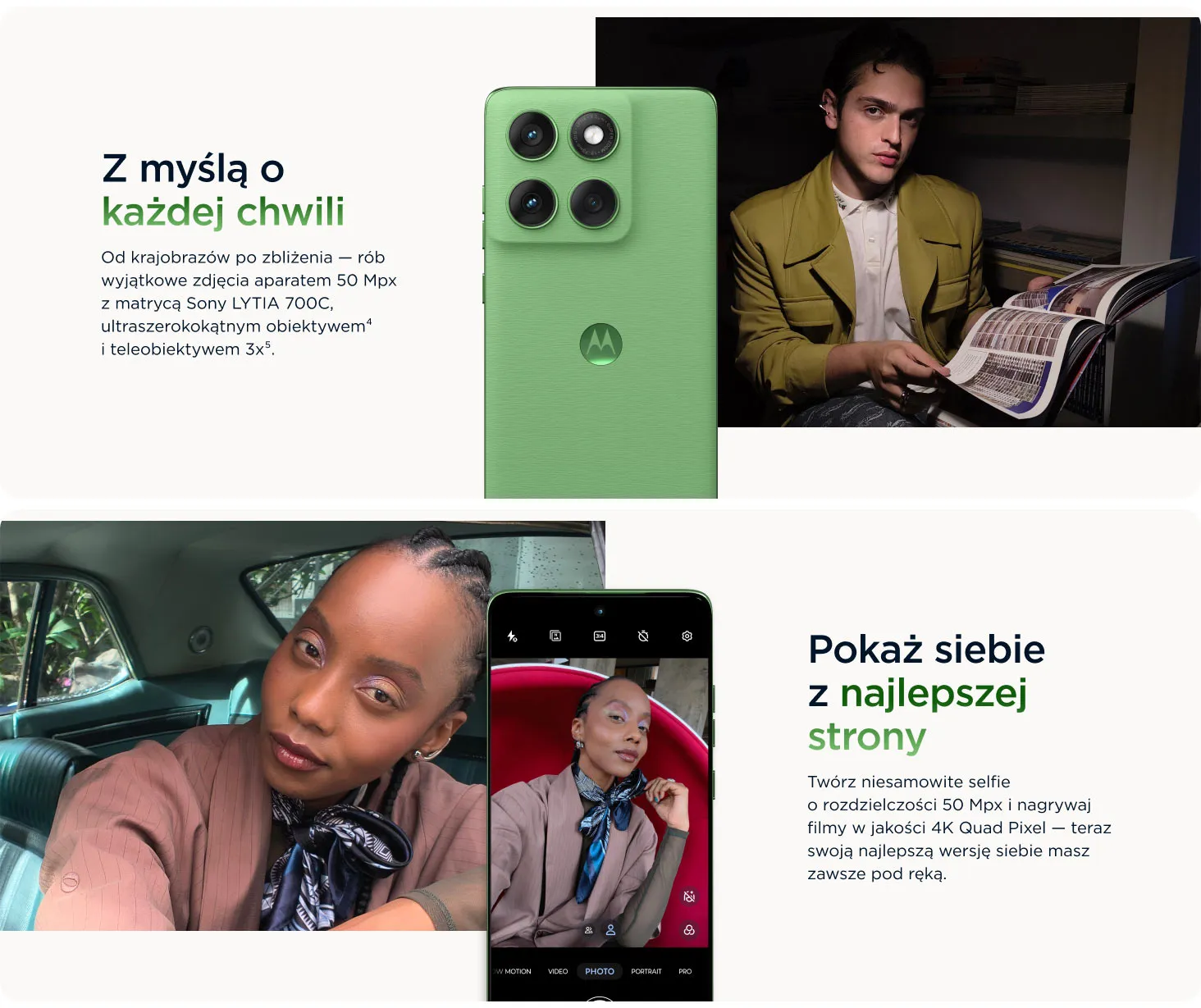 Aparat główny 50 Mpix z matrycą Sony LYTIA 700C, aparat selfie 50Mpix z nagrywaniem 4K