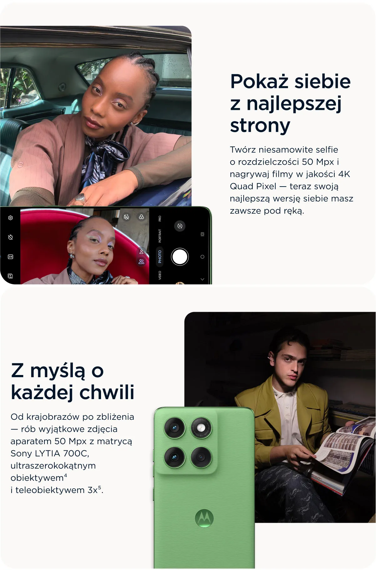 Aparat główny 50 Mpix z matrycą Sony LYTIA 700C, aparat selfie 50Mpix z nagrywaniem 4K