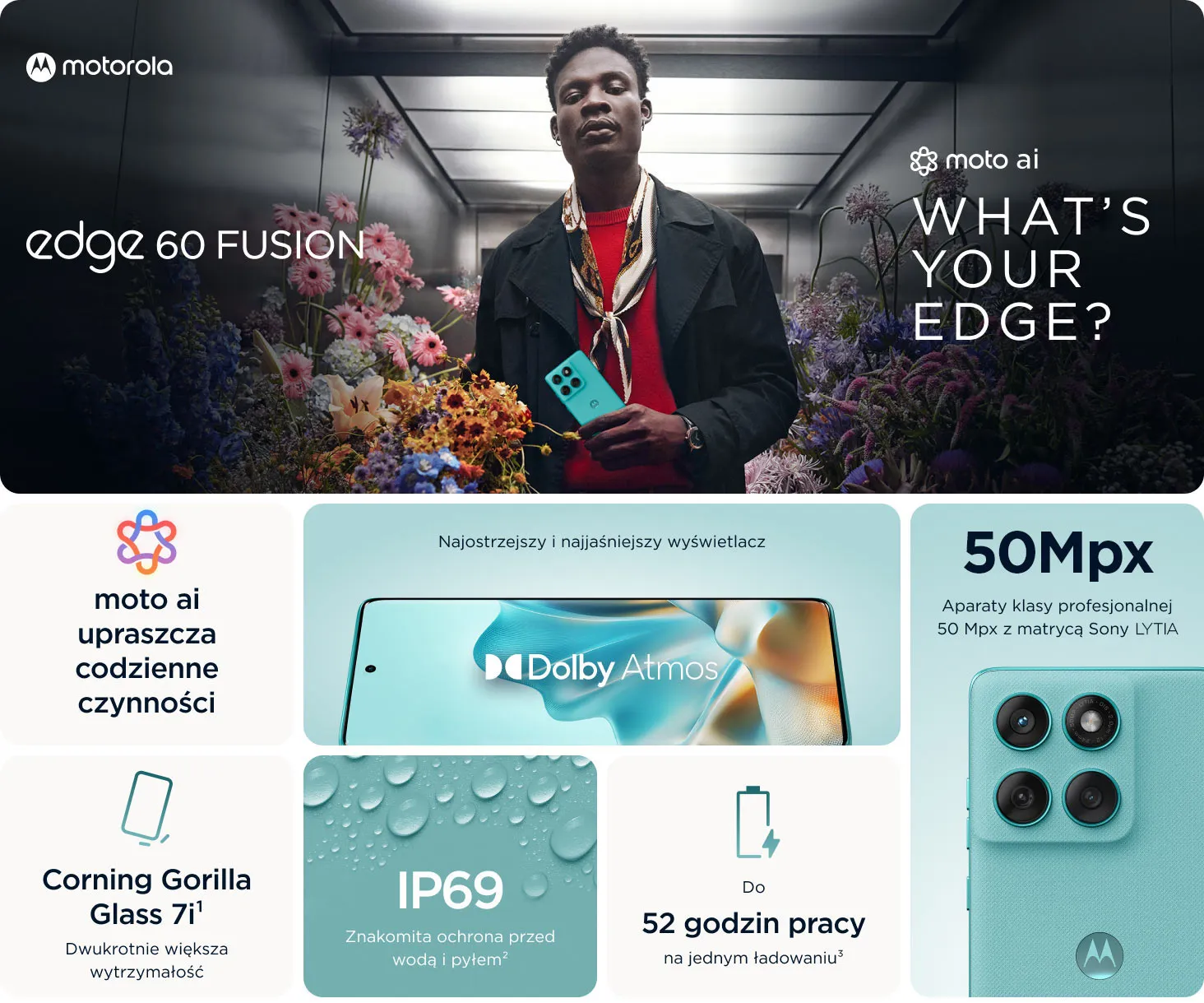 motorola edge 60 fusion z moto ai. Podstawowe cechy: Corning Gorilla Glass 7i, IP69, aparat 50Mpix, do 52 godzinpracy na jednym ładowaniu.