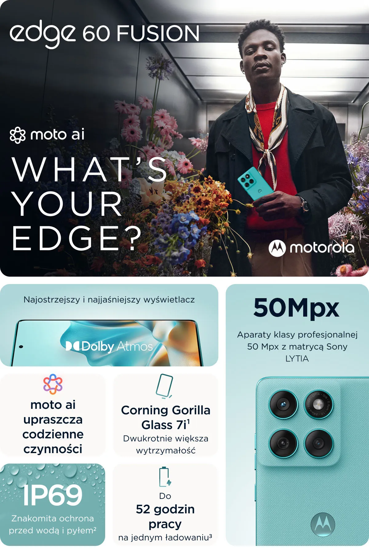 motorola edge 60 z moto ai. Podstawowe cechy: Corning Gorilla Glass 7i, IP69, aparat 50Mpix, do 52 godzinpracy na jednym ładowaniu.