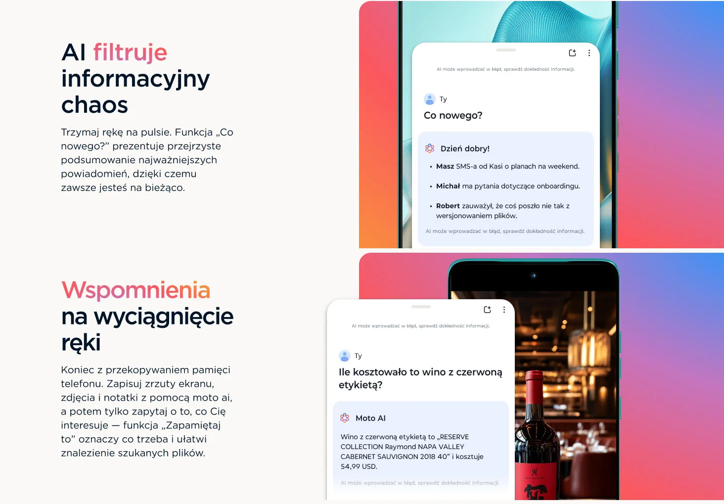 Funkcje Odbicie obrazu telefonu oraz Next Move