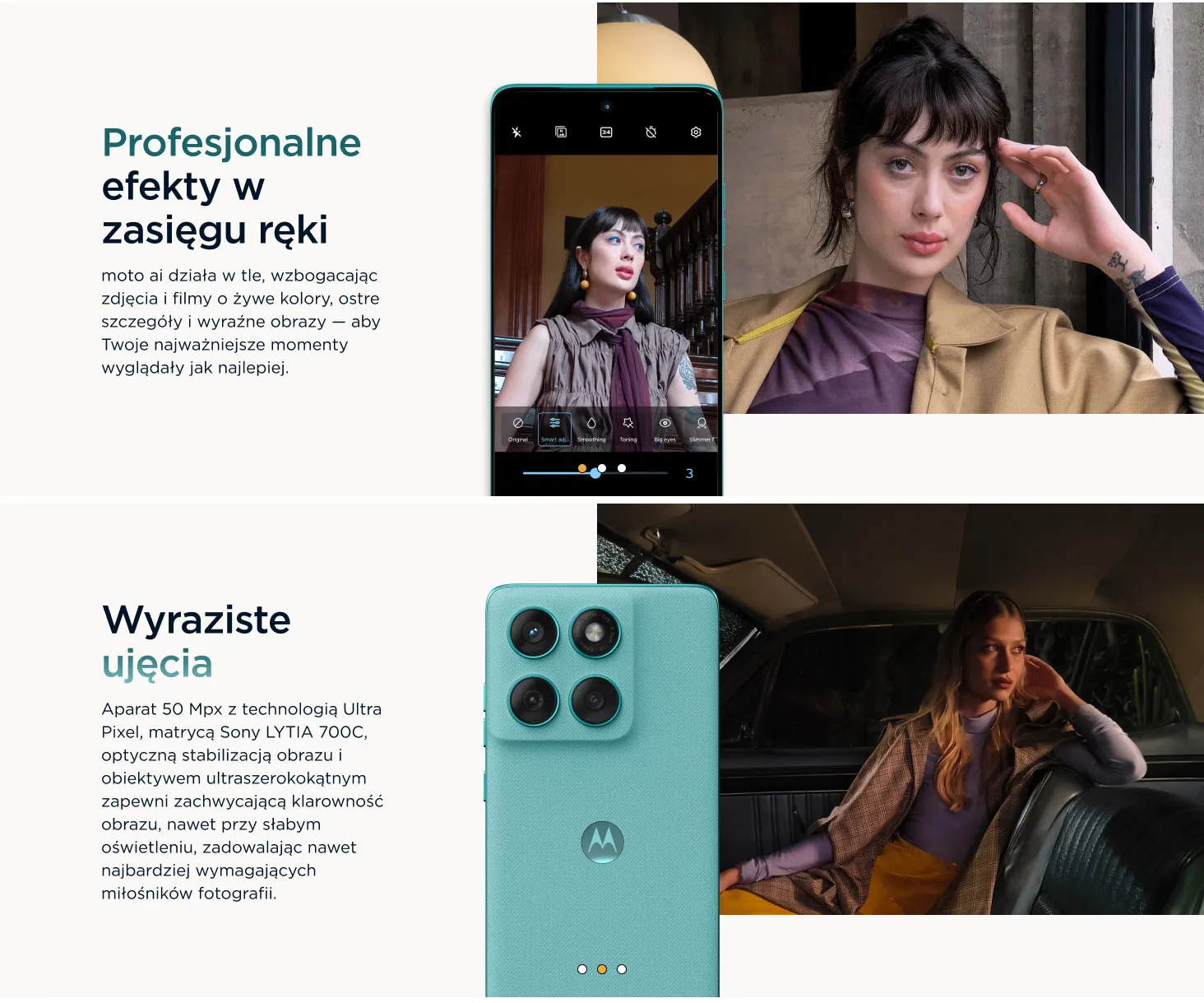 Aparat główny 50 Mpix z matrycą Sony LYTIA 700C, Profesjonalne efekty moto ai poprawi Twoje zdjęcia i filmy