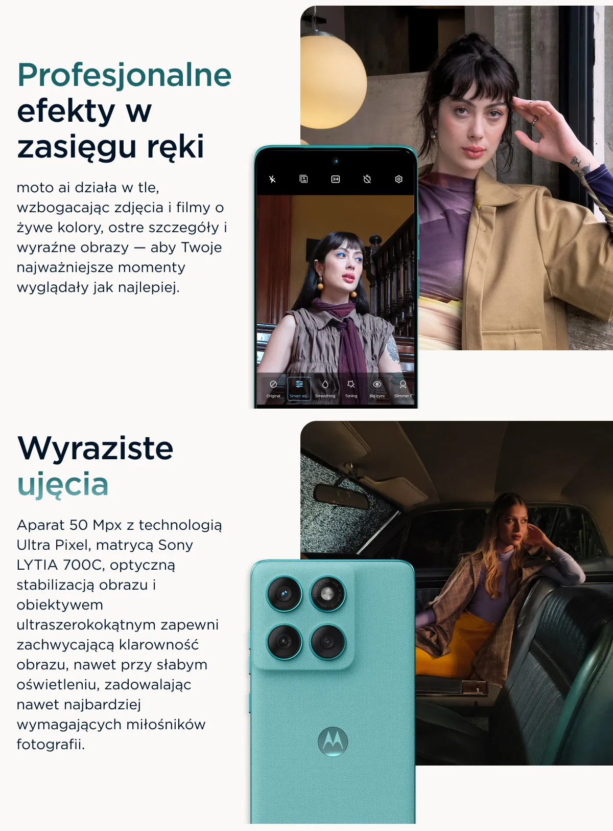 Aparat główny 50 Mpix z matrycą Sony LYTIA 700C, Profesjonalne efekty moto ai poprawi Twoje zdjęcia i filmy