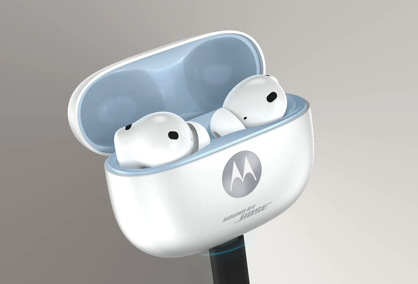 Białe etui ładujące Motorola z dwiema słuchawkami w środku, ukazujące nowoczesny design.