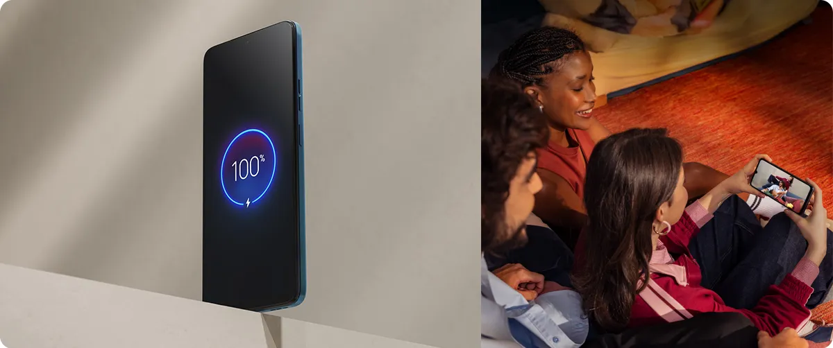 Smartfon Motorola moto g06 POWER podczas ładowania do 100% oraz osoby oglądające film na telefonie