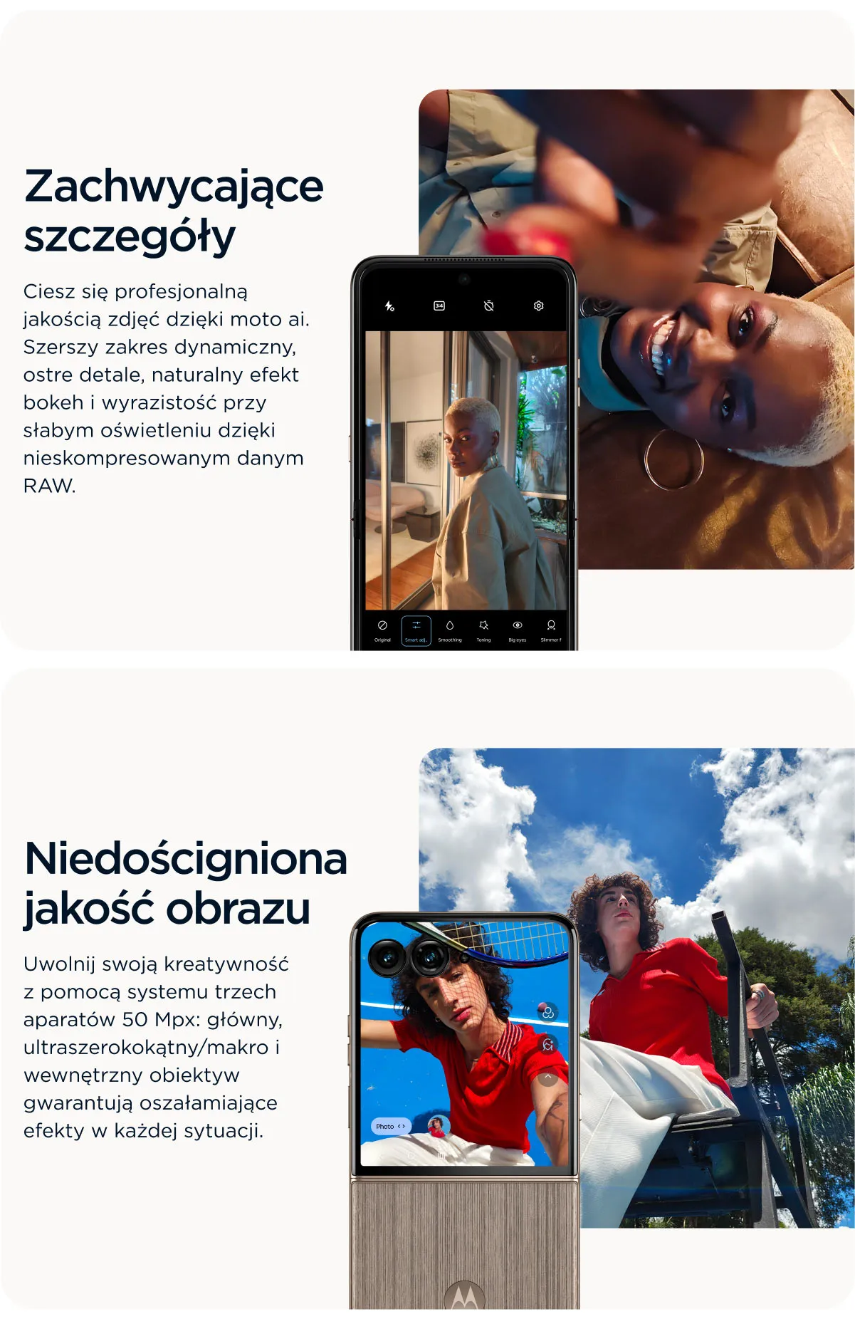 System trzech aparatów: aparat główny, ultraszerokokątny/makro, wewnętrzny
