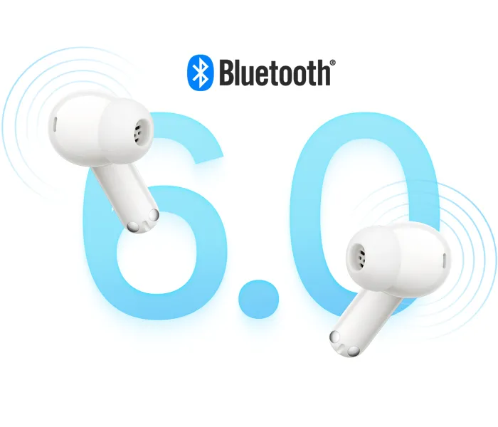 Dwie białe słuchawki douszne przy grafice symbolizującej łączność Bluetooth