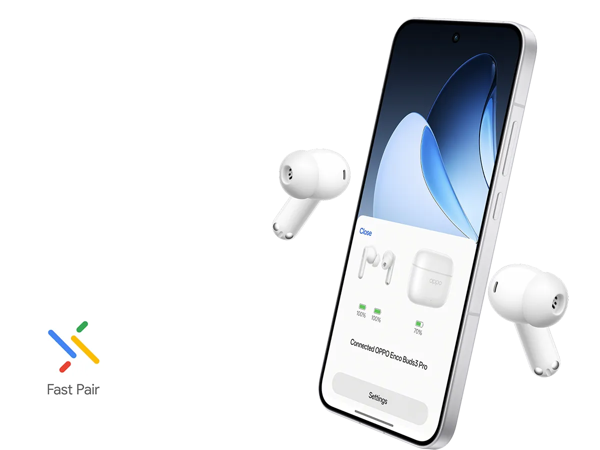 Smartfon z komunikatem parowania Bluetooth i słuchawkami OPPO – szybkie parowanie Google.