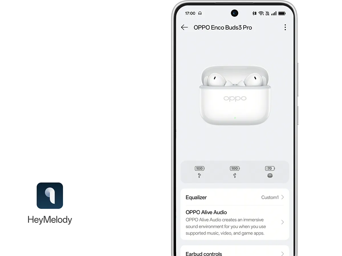 Smartfon z aplikacją HeyMelody do personalizacji funkcji słuchawek OPPO.
