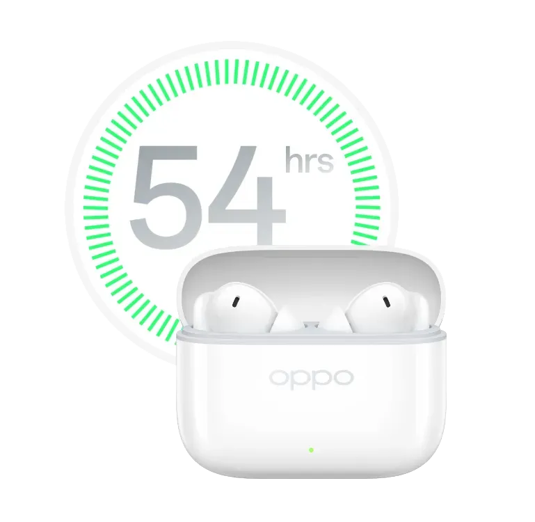 Białe słuchawki OPPO w etui, z napisem „54 hrs” oznaczającym 54 godziny odtwarzania.