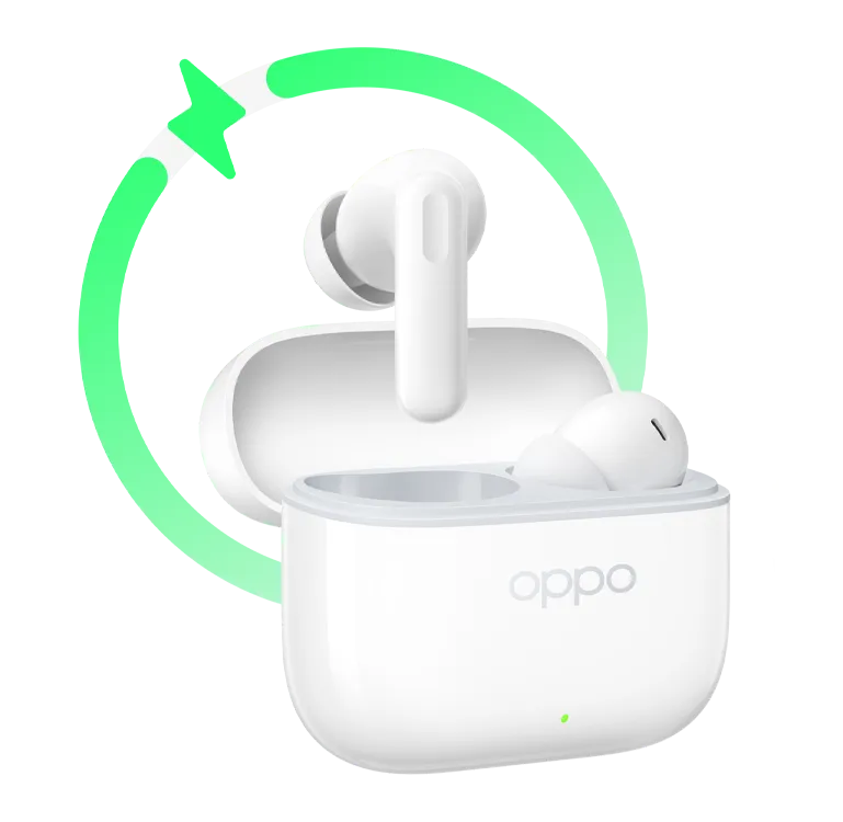 Białe słuchawki OPPO w etui z zieloną ikoną ładowania