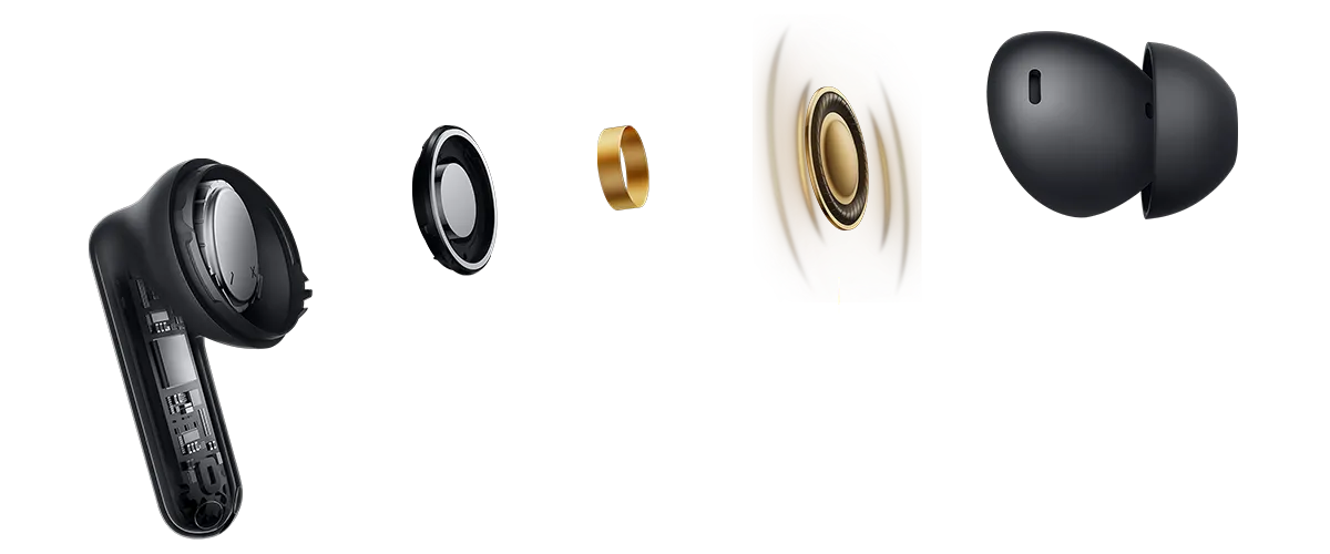 Rozłożona na elementy słuchawka OPPO z widocznymi częściami: zwoje drutu miedzianego SHTW i 12,4 mm przetwornik z membraną tytanową