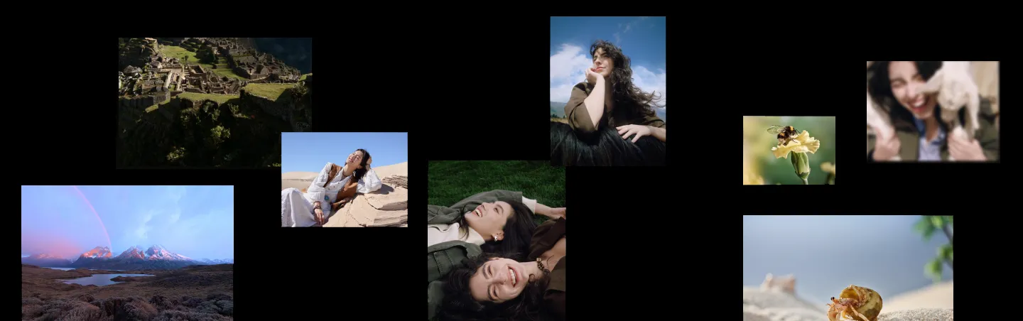 Kolaż zdjęć na czarnym tle: krajobrazy, portrety kobiet, makro owada i pustynia