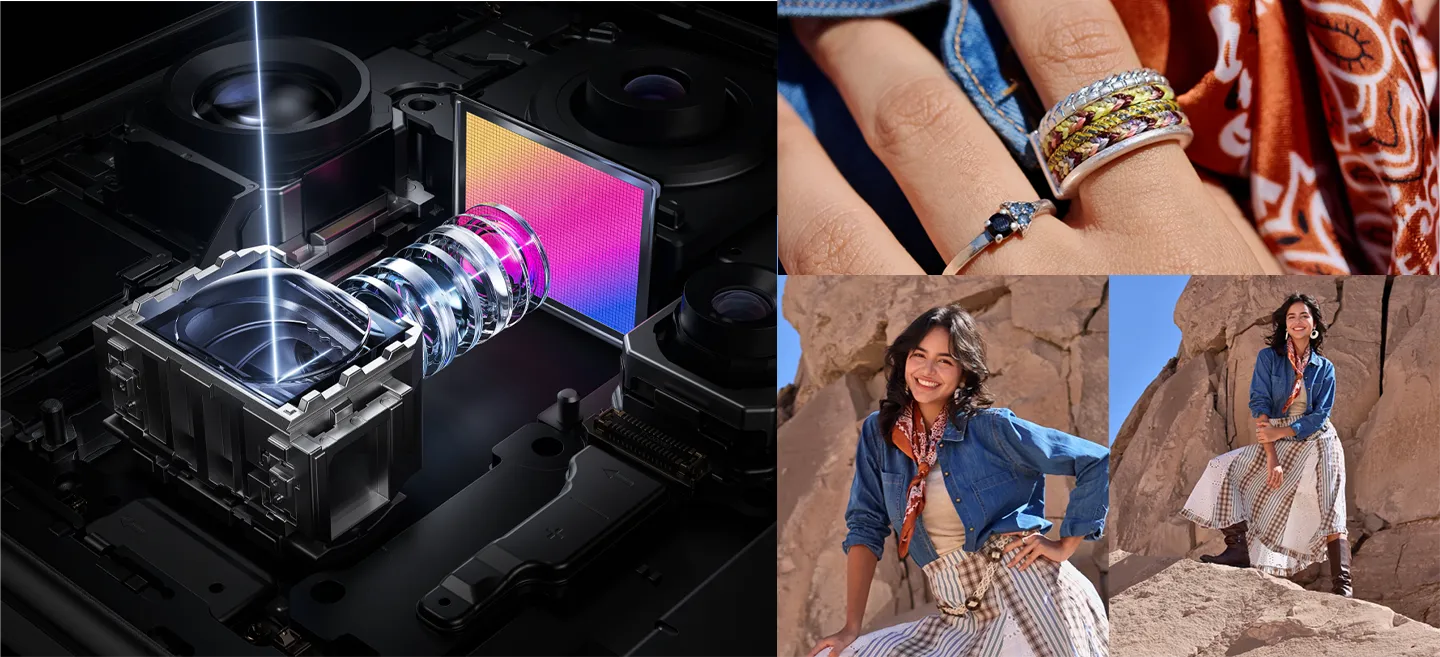 Mechanizm aparatu peryskopowego i portrety kobiety na tle skał na pustyni