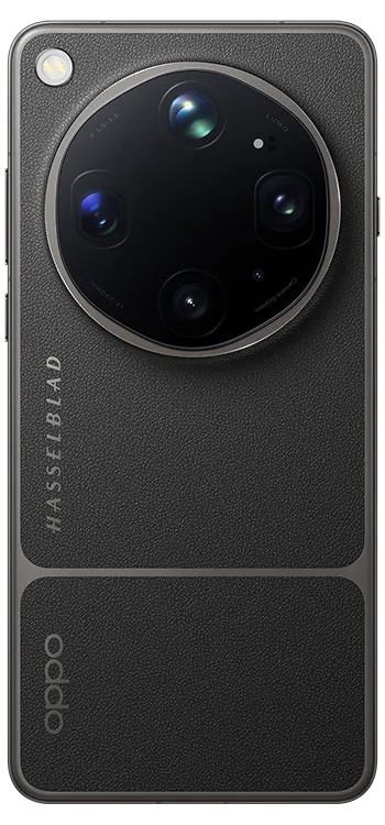 Zbliżenie na poczwórny system kamer Hasselblad w okrągłej oprawie na skórzanym tyle smartfona