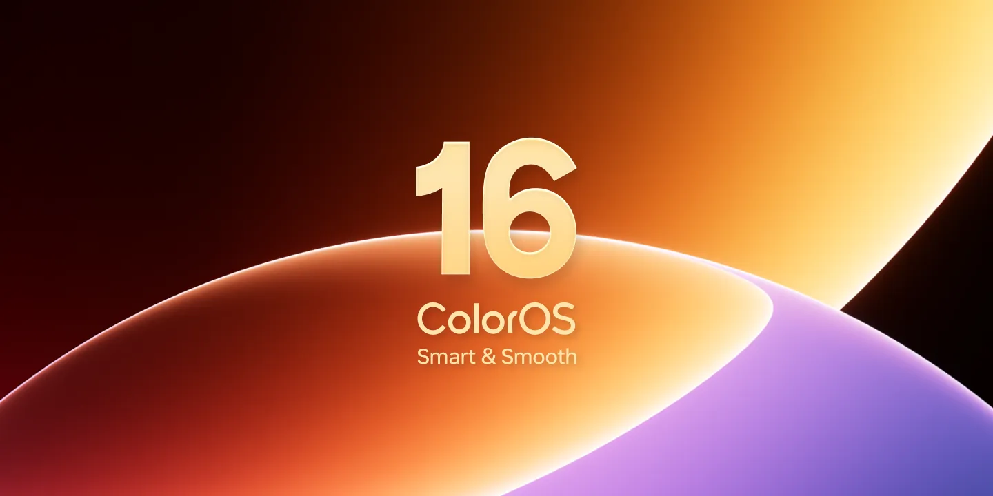 Logo systemu ColorOS 16 z hasłem Smart & Smooth na tle kolorowych gradientów