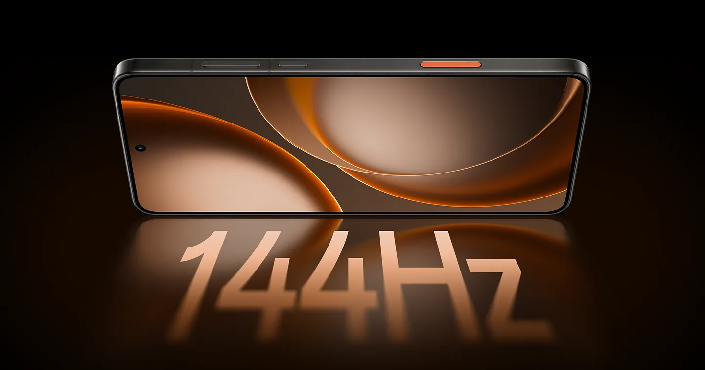 Smartfon poziomo z ekranem 144&nbsp;Hz i pomarańczowym przyciskiem na ciemnym tle z odbiciem