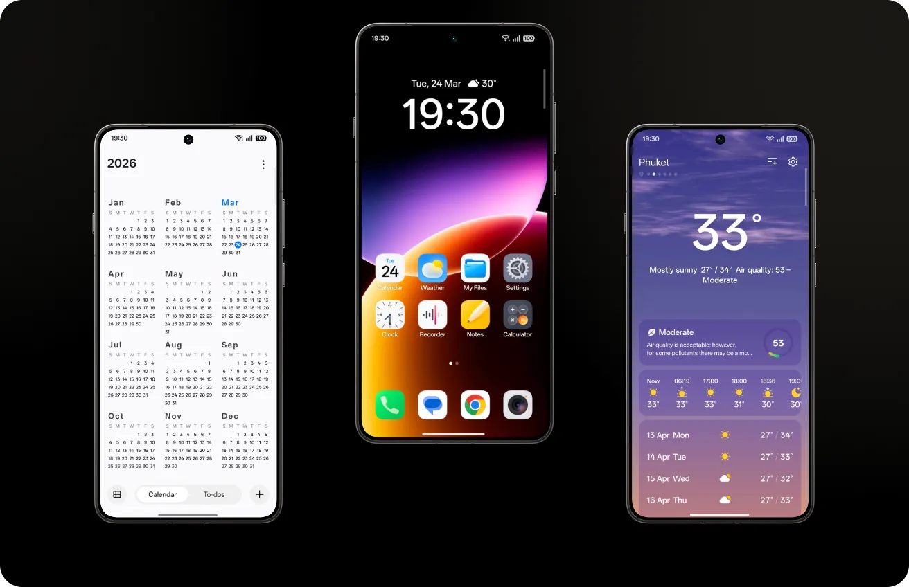 Trzy smartfony z ColorOS pokazujące ekrany kalendarza, pulpitu i aplikacji pogody