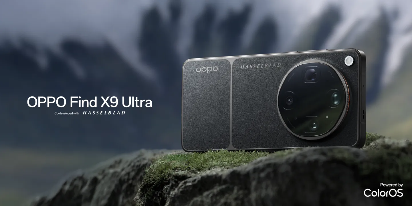 OPPO Find X9 Ultra z logo Hasselblad na skale w górskim pejzażu, powered by ColorOS