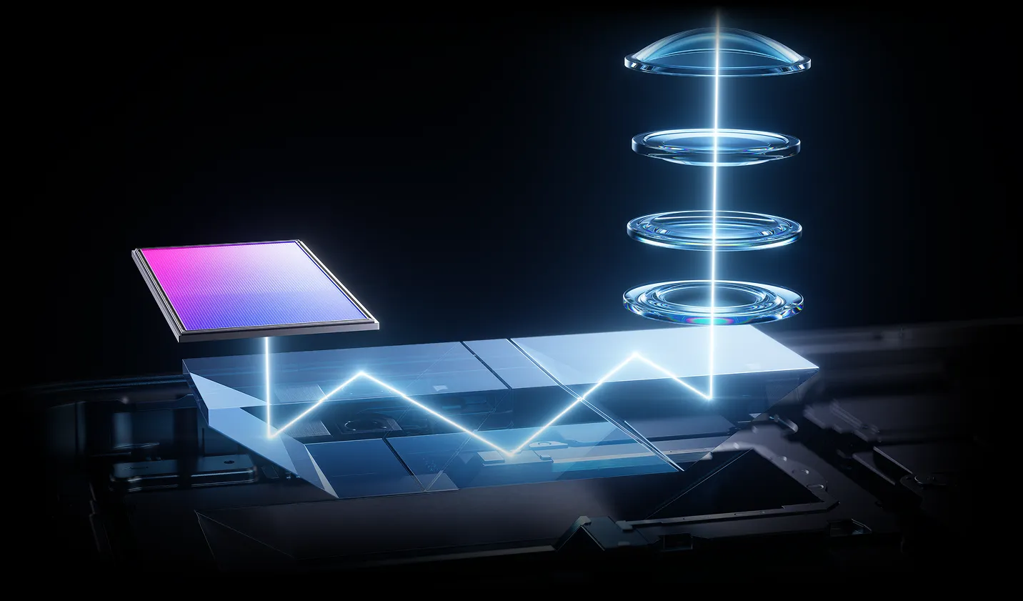 Wizualizacja peryskopowego układu optycznego z sensorami i soczewkami teleobiektywu