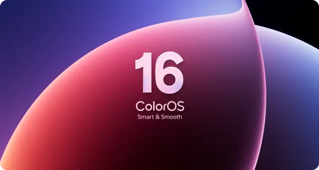 Kolorowe fragmenty kół z napisem 16 ColorOS - smart and smooth