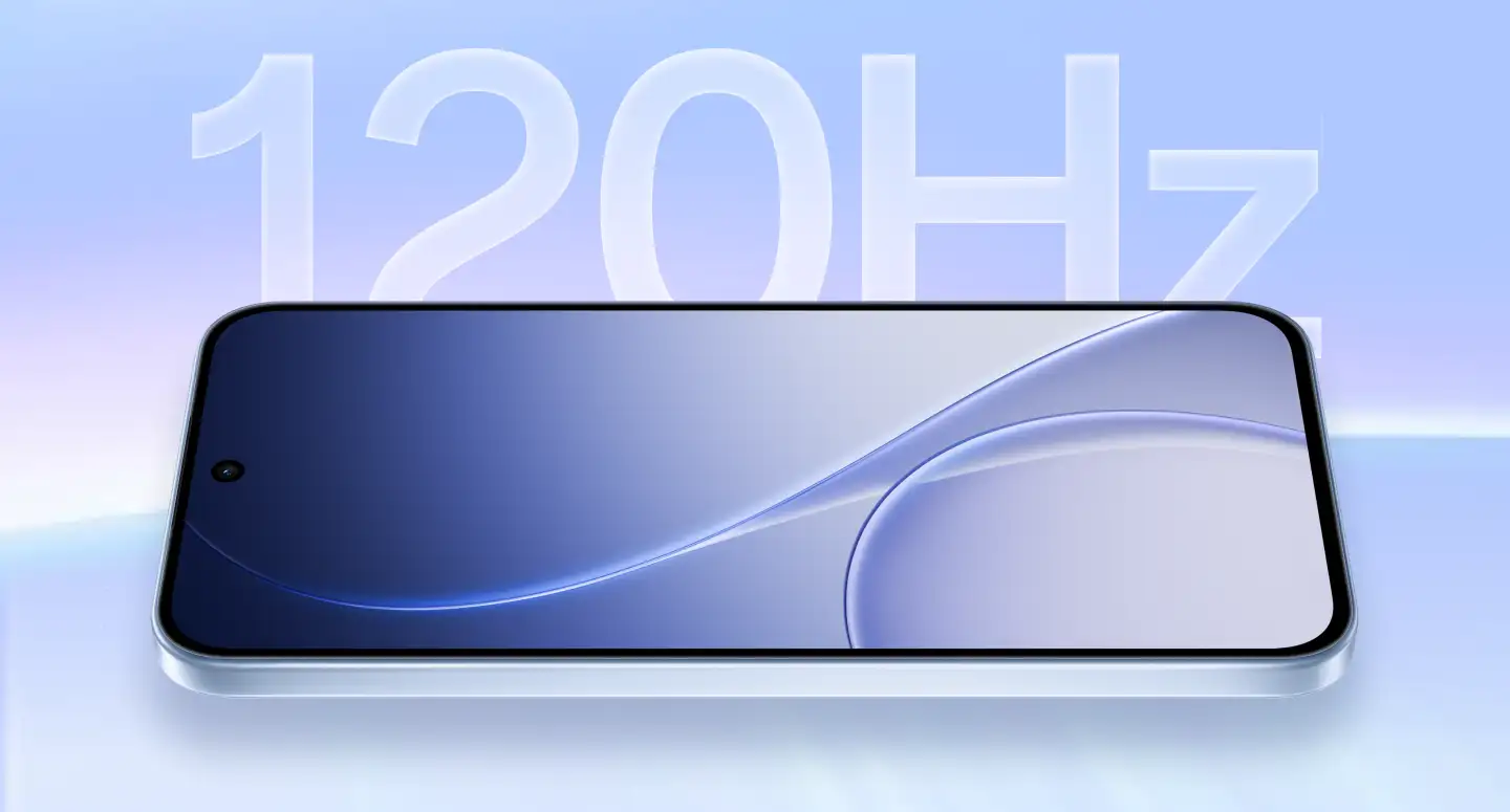 Smartfon leżący poziomo z widocznym wyświetlaczem i napisem 120 Hz w tle