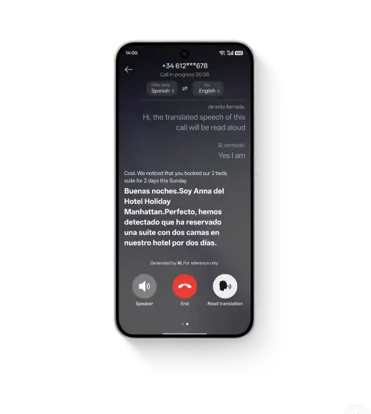 ekran pokazujący tłumaczenie podczas rozmowy telefonicznej