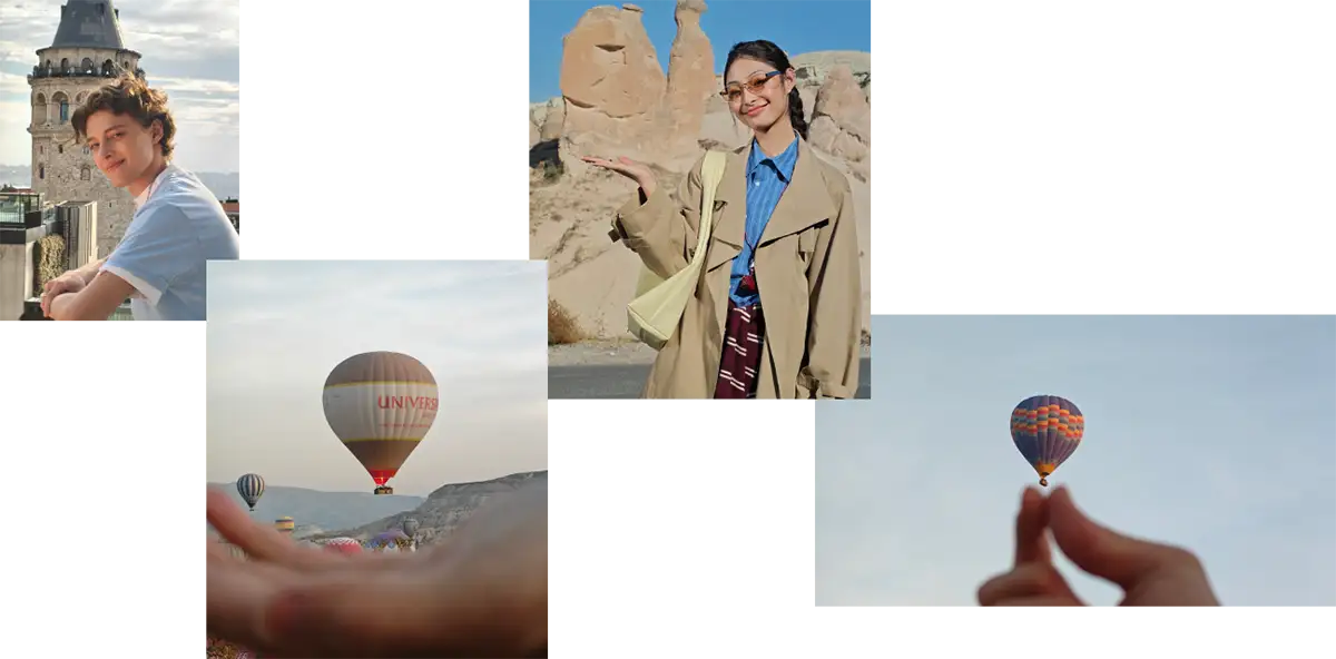 Cztery kreatywne zdjęcia: młody chłopak, kobieta na tle skał, zbliżenie na balon oraz balon na tle nieba