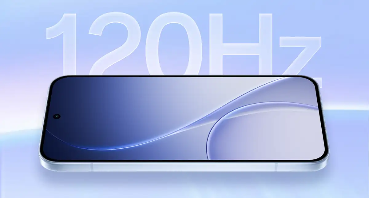 Smartfon leżący poziomo z widocznym wyświetlaczem i napisem 120 Hz w tle