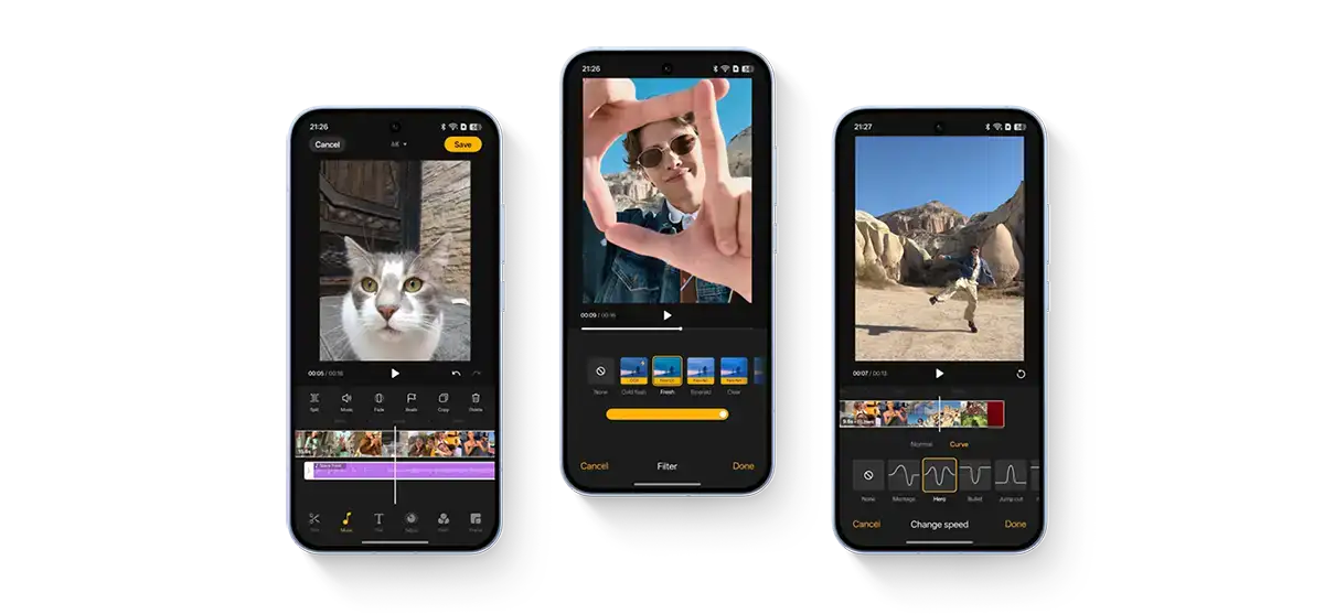 Trzy ekrany pokazujące edycję wideo na smartfonie OPPO Reno15 Pro