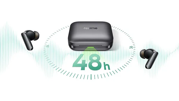 Słuchawki realme Buds Air7 Pro z etui ładującym i oznaczeniem 48h, symbolizującym do 48 godzin pracy na baterii