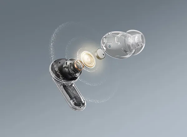 Przezroczysty model słuchawki realme Buds Air7 Pro z widocznymi elementami wewnętrznymi, prezentujący dynamiczny przetwornik 11 mm i planarny przetwornik 6 mm