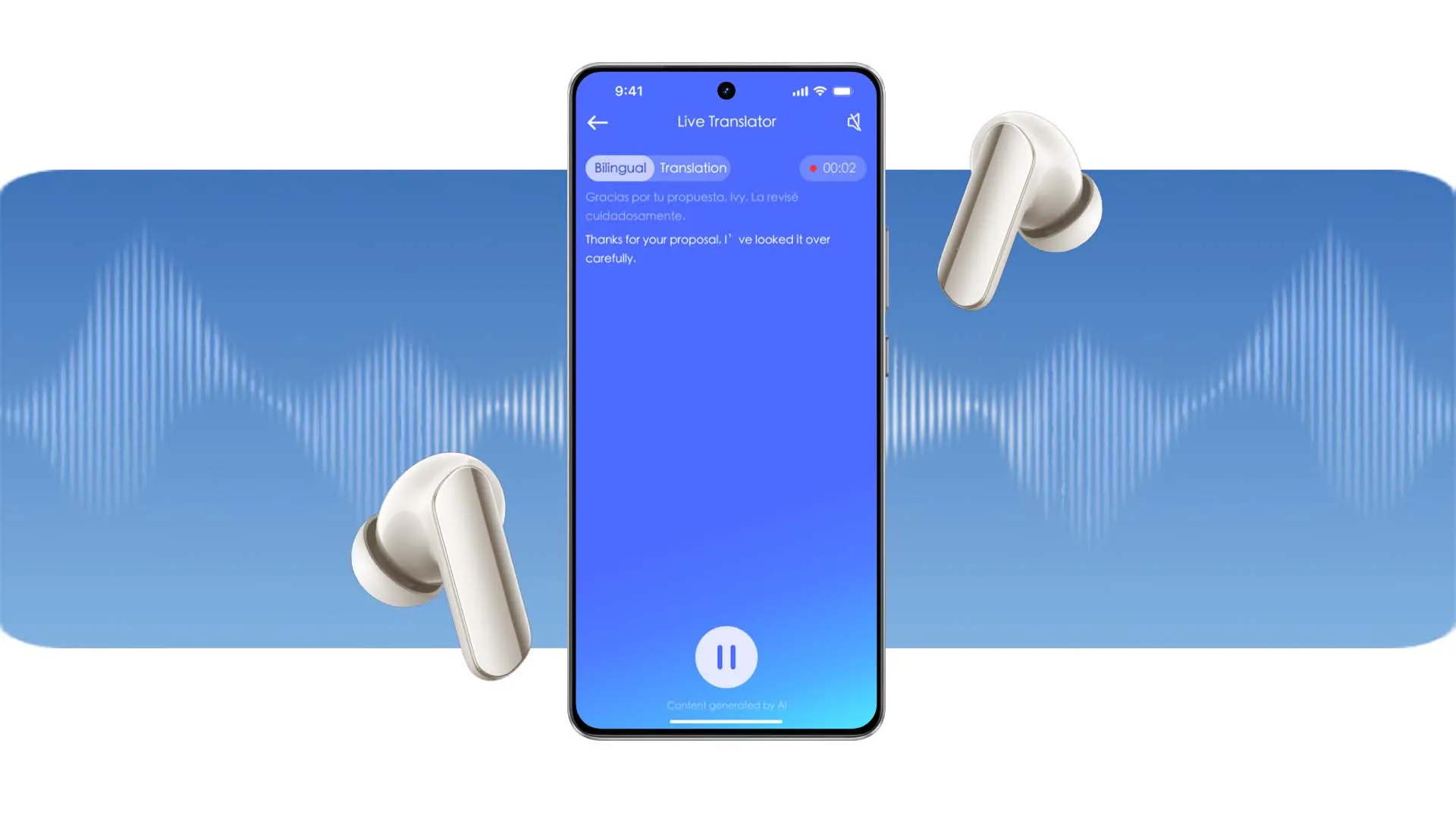 Słuchawki realme Buds Air7 Pro obok smartfona z aplikacją tłumacza w czasie rzeczywistym