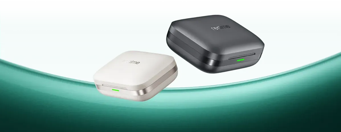 Etui słuchawek realme Buds Air7 Pro w kolorze czarnym i białym z widocznymi diodami LED ładowania