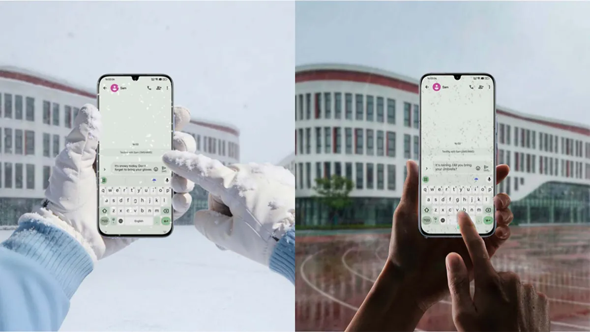 Prezentacja obsługi telefonu podczas śniegu i deszczu