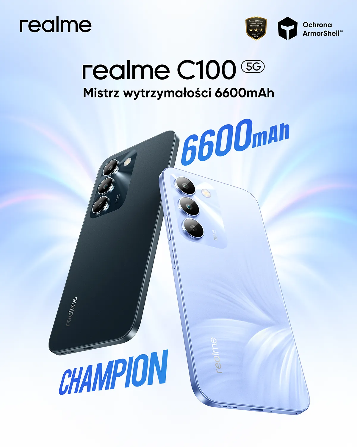 Smartfon realme C100 5G w kolorze fioletowym i zielonym z napisem 6600 mAH