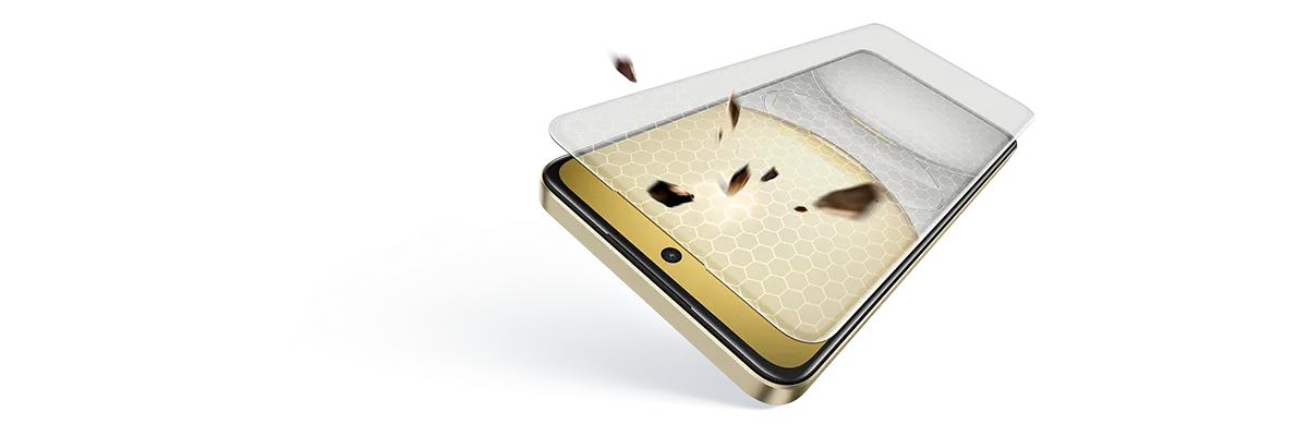 Zbliżenie na smartfon z nakładaną folią ochronną na ekran. Folia jest przezroczysta i ma wzór przypominający plaster miodu. Widać drobne cząsteczki lub zanieczyszczenia, które są odpychane lub usuwane z powierzchni ekranu podczas aplikacji.