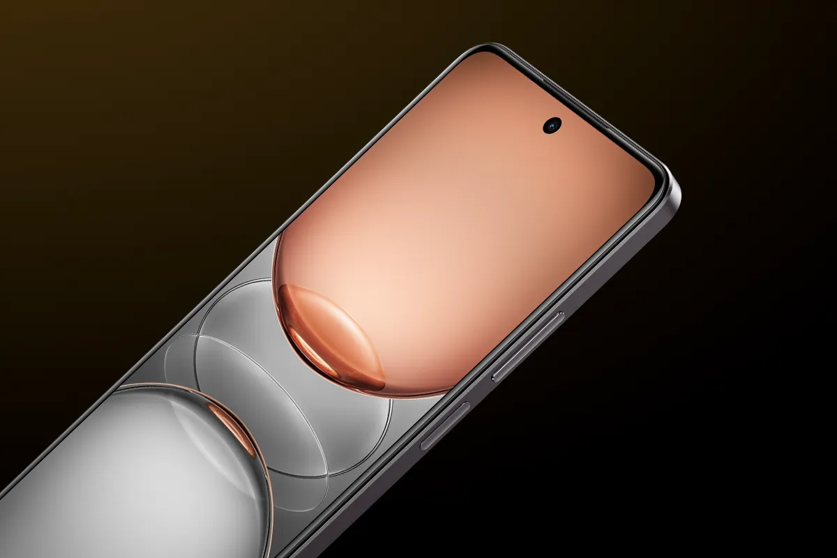 Smartfon z dużym ekranem, przednią kamerą w otworze na środku. Obudowa w złotym odcieniu, tło ciemne z gradientem.