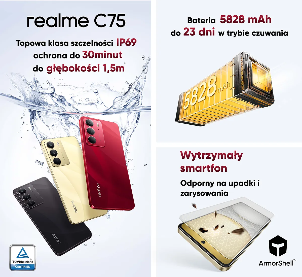 Smartfon realme C75 pokazany jest z informacjami o jego wytrzymałości. Widoczne są napisy informujące o klasie szczelności IP69, ochronie do 30 minut na głębokości 1,5 metra, pojemności baterii 5828 mAh zapewniającej do 23 dni w trybie czuwania oraz odporności na upadki i zarysowania.