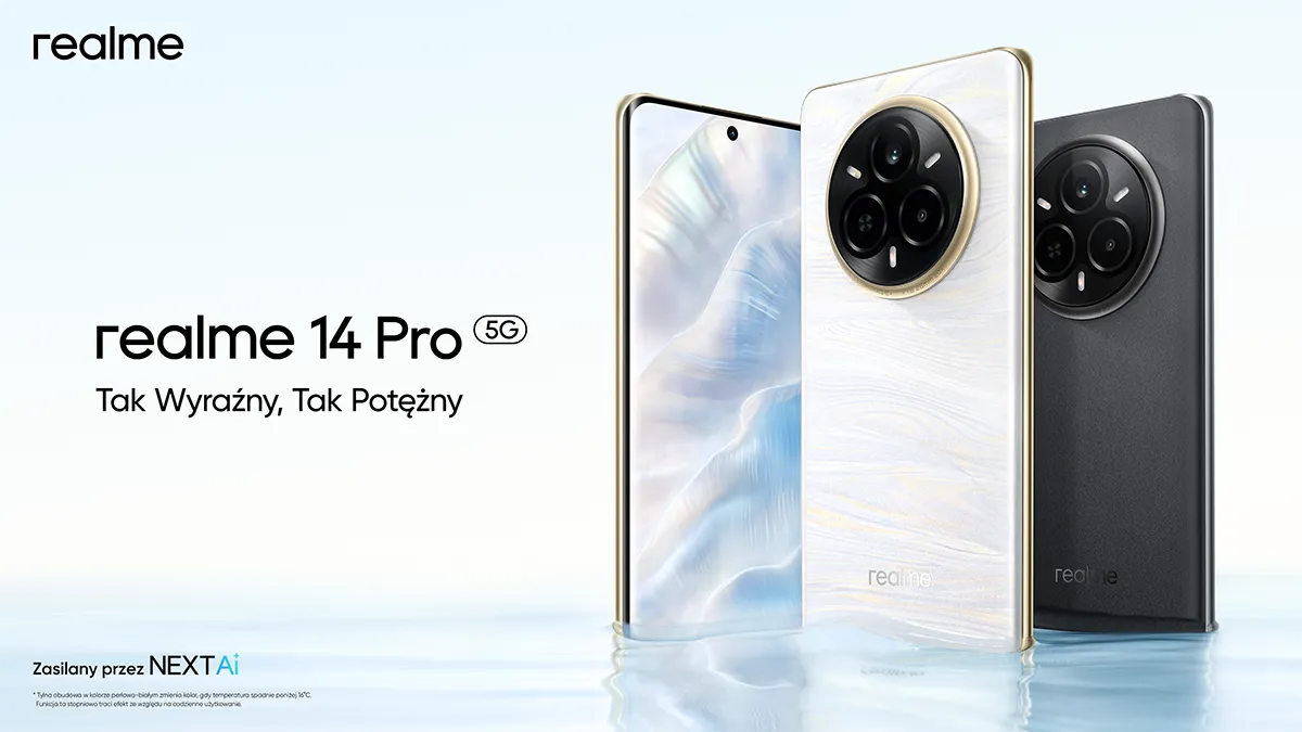Smartfon realme 14 Pro 5G z hasłem promującym wyrazistość i moc urządzenia. Widoczna informacja o zasilaniu przez technologię NEXTAi.