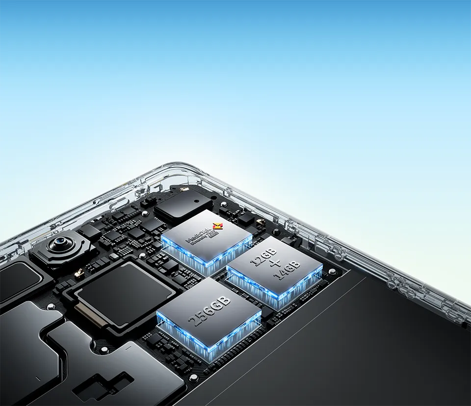 Widoczne trzy układy scalone: jeden oznaczony jako 256GB, drugi jako 128GB x 1 + 4GB, a trzeci z częściowo zasłoniętym napisem zawierającym słowo Snapdragon. Tło w odcieniach niebieskiego.
