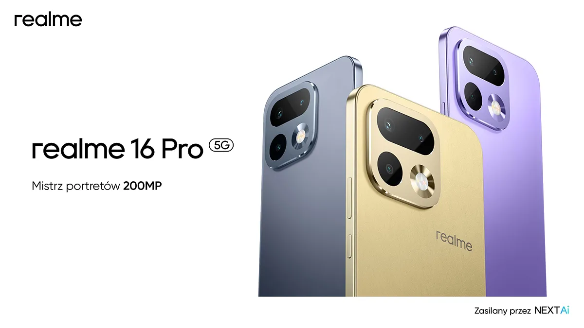 Smartfon realme 16 Pro 5G w trzech kolorach, widok tylnej obudowy z modułem aparatów.