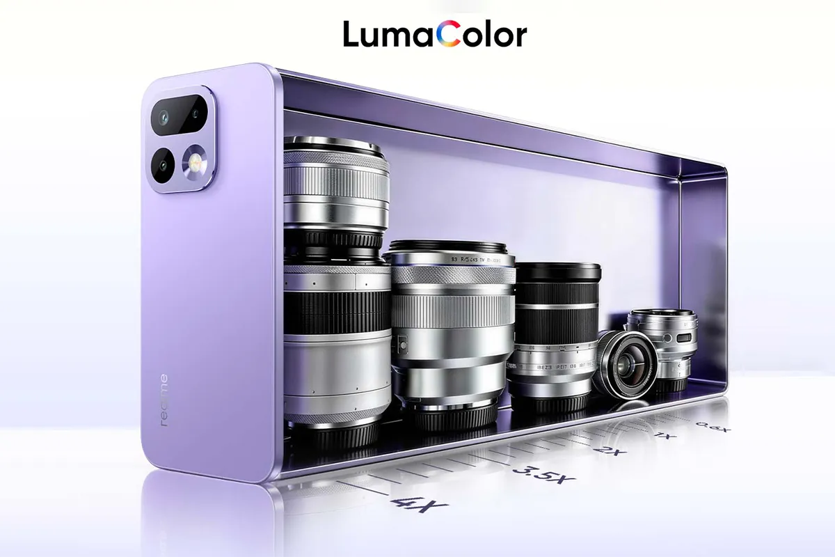 Smartfon realme 16 Pro 5G z wizualizacją obiektywów aparatu i technologią LumaColor.